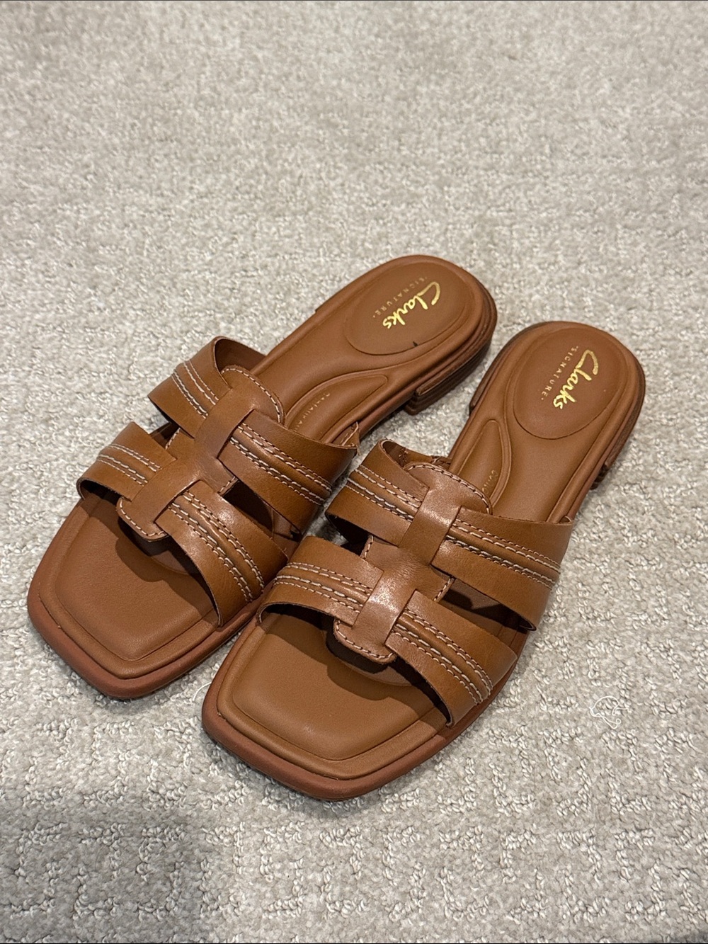 Clarks Tan Leather Weave Slide Sandals